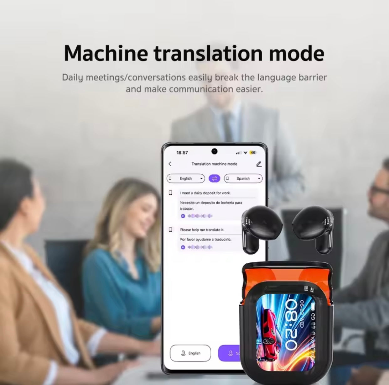 NE200 AI Translation TWS Earbuds - ANC Noise Cancelling, 134 Languages, Full Color Touch Screen